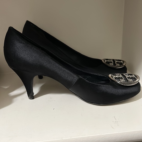 Tory Burch black satin rhinestone closed toe heels - Picture 2 of 4